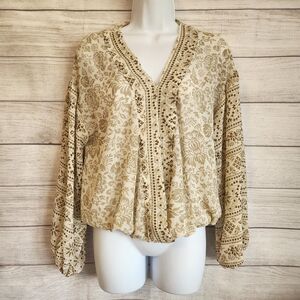 Blue Pepper XS Floral sheer boho v-neck cottagecore balloon sleeve blouse